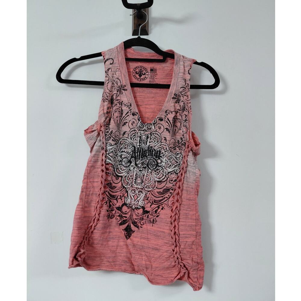 Affliction Graphic Print Tank Top Pink Knit Sleeveless Women Size XS - Picture 1 of 6